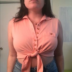 Collared button up coral crop top